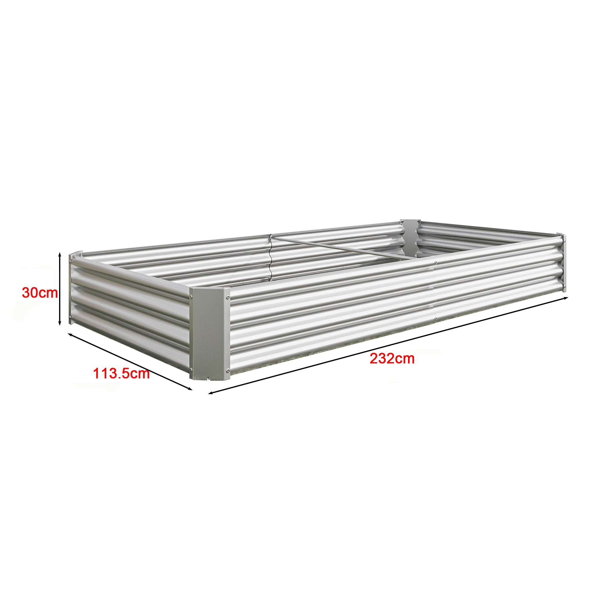 Bac de plantation fabriqué en tôle d'acier robuste conception stable, antirouille et durable, base non incluse, 232x113.5x30 cm, métal, argent - 4