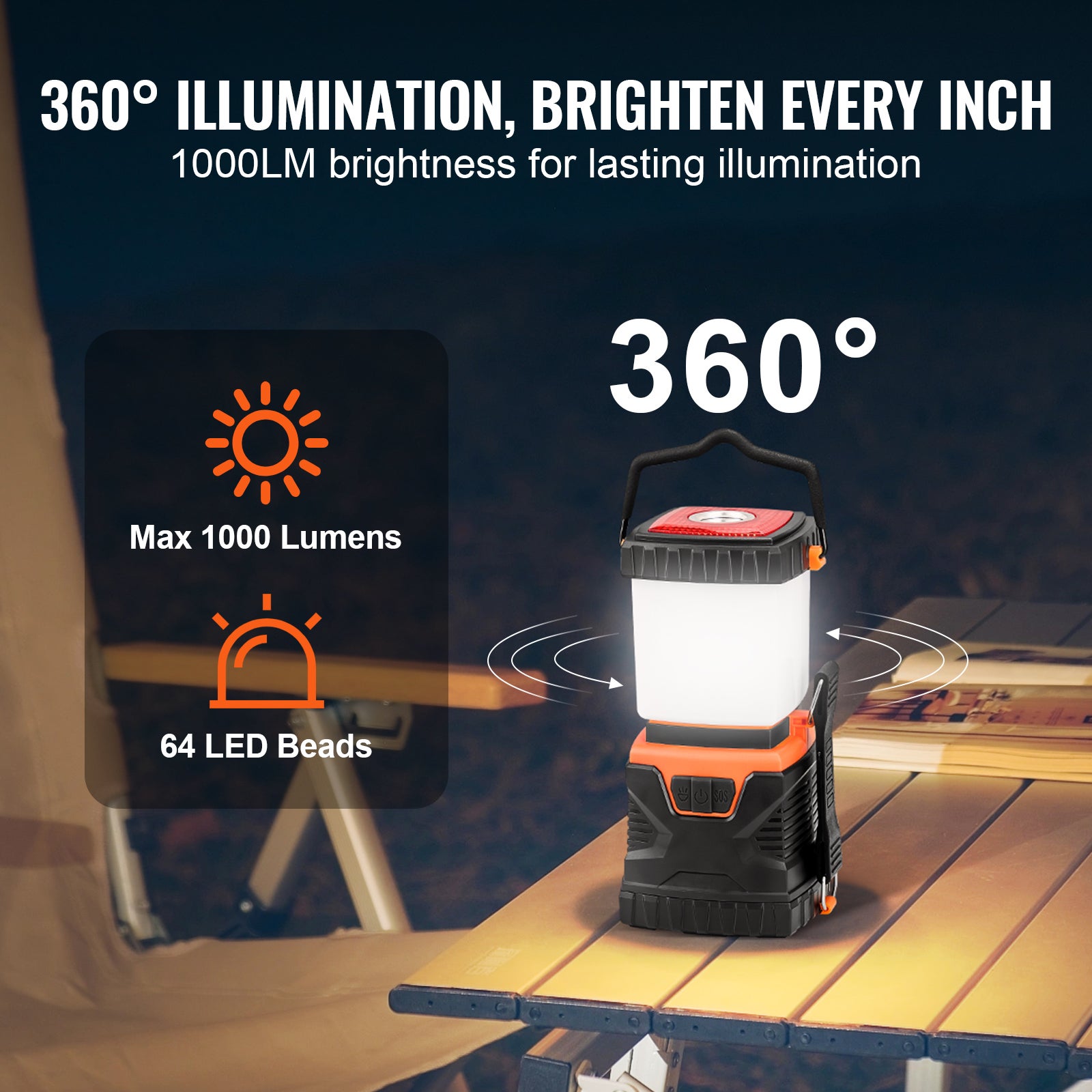 Lanterna Camping LED,VEVOR 1000 LM,Lampe Portátil,Iluminação 360°,Alimentada por Pilhas,para Emergências,Atividades ao Ar Livre - 3