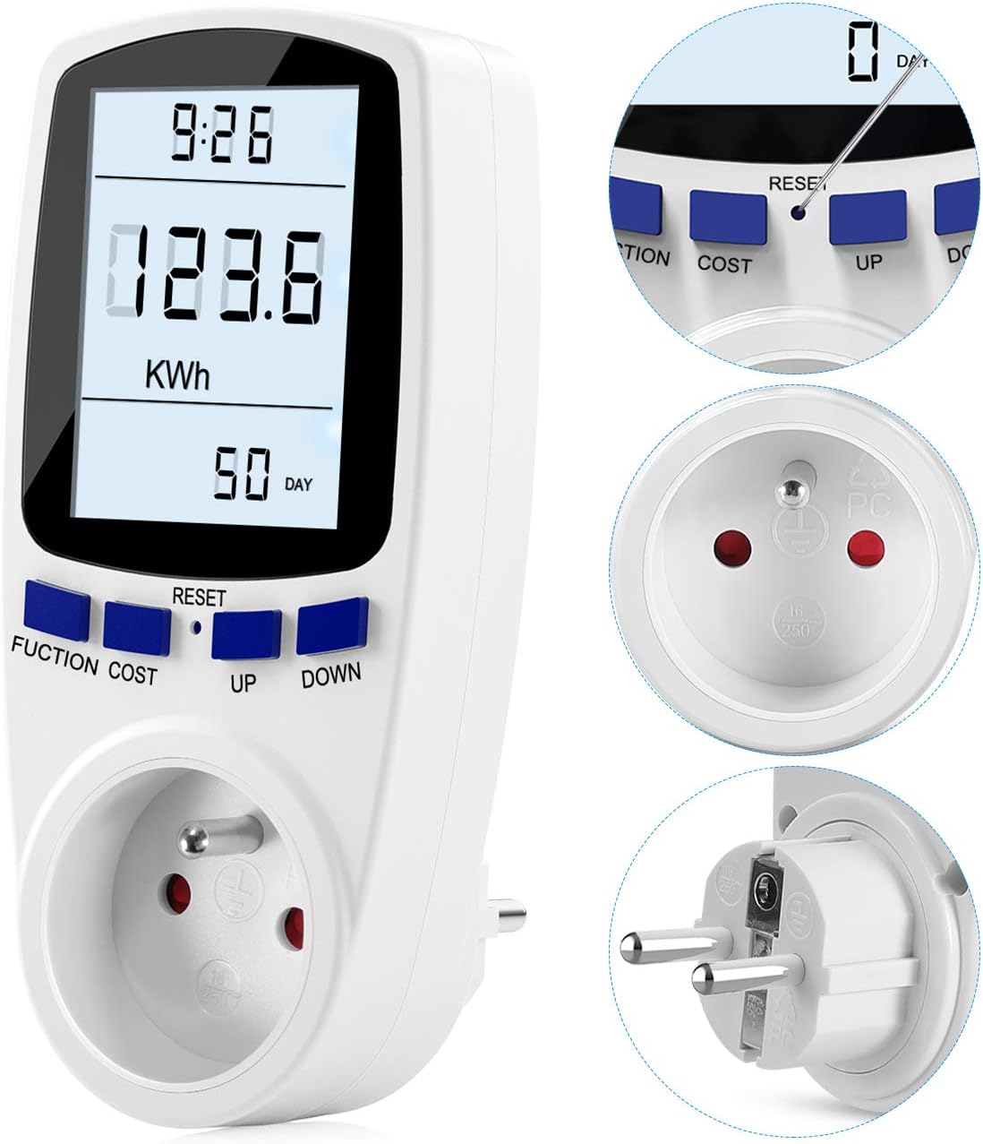 Licznik energii AC 185V ~ 264V Licznik zużycia energii, Gniazdko monitorujące zużycie energii elektrycznej z ekranem LCD (Taryfa Jednotaryfowa)
