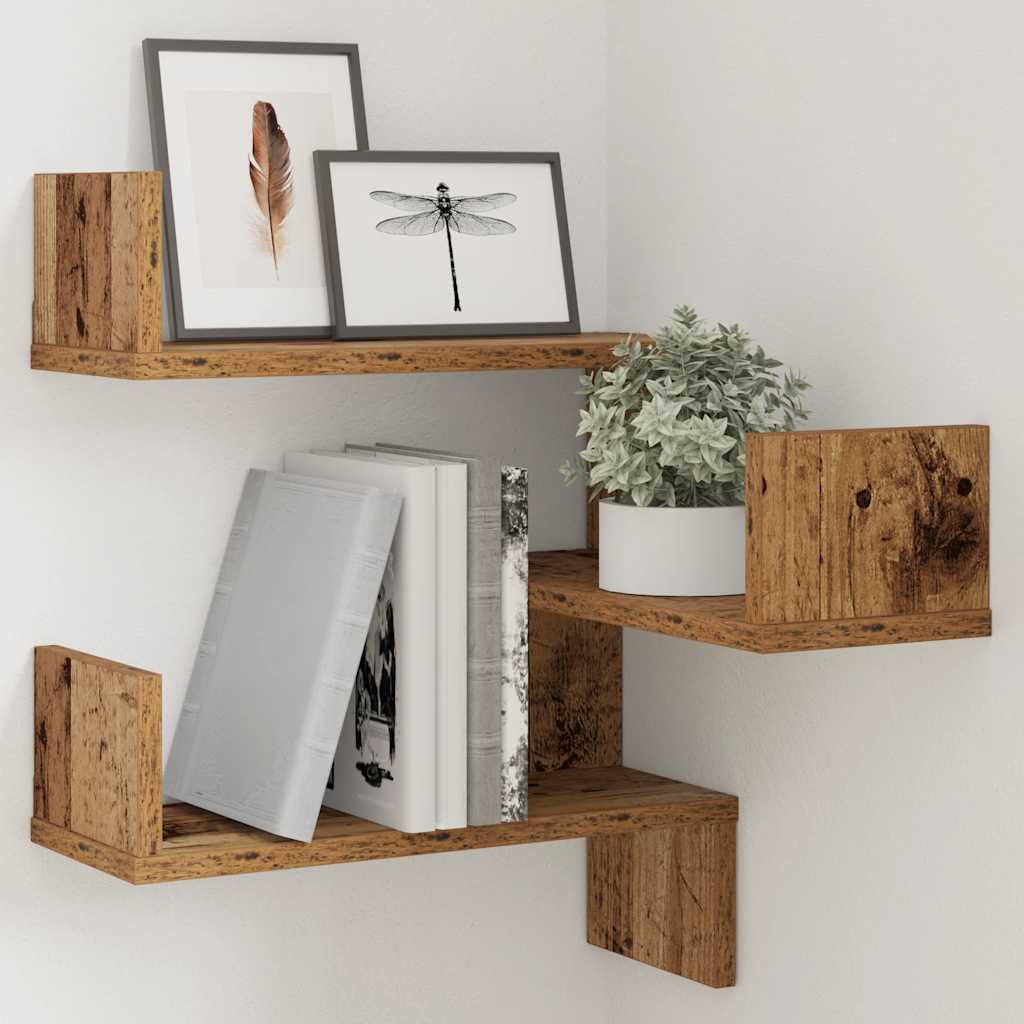 Étagère d'angle murale | Étagère flottante | Étagère suspendue vieux bois 40x40x49,5 cm bois ingénierie CFW161908 - 4