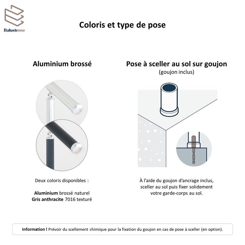 Garde-corps aluminium gris foncé sur muret, 3m pose à sceller au sol, intérieur et extérieur, PRISTINA 3 lisses, en kit - 3