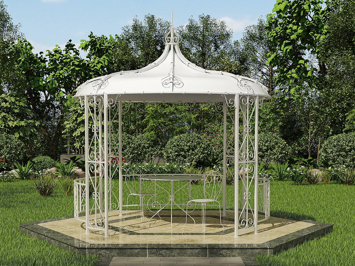 Pawilon ogrodowy TILCARA z metalu w stylu kutego żelaza, 300 × 290 cm (śr. × wys.) – kolor biały