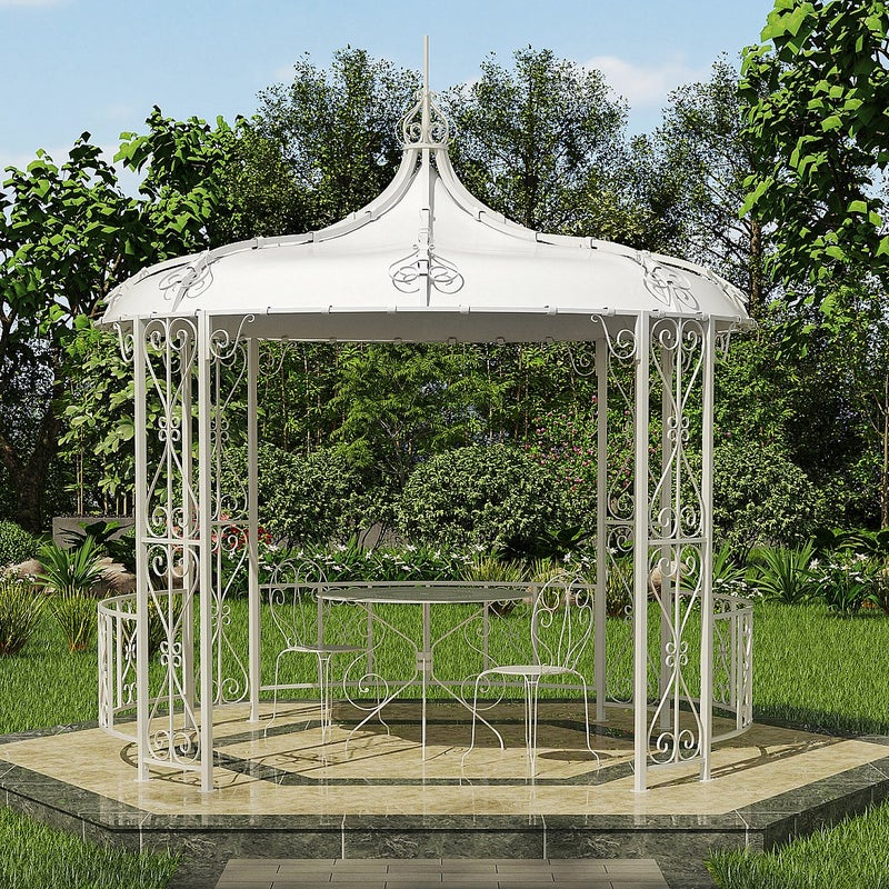 Pawilon ogrodowy TILCARA z metalu w stylu kutego żelaza, 300 × 290 cm (śr. × wys.) – kolor biały
