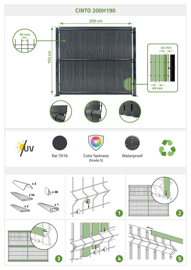 Kit lamelles occultantes PVC 2m CINTO H.190cm Gris - avec clips et profil de finition
