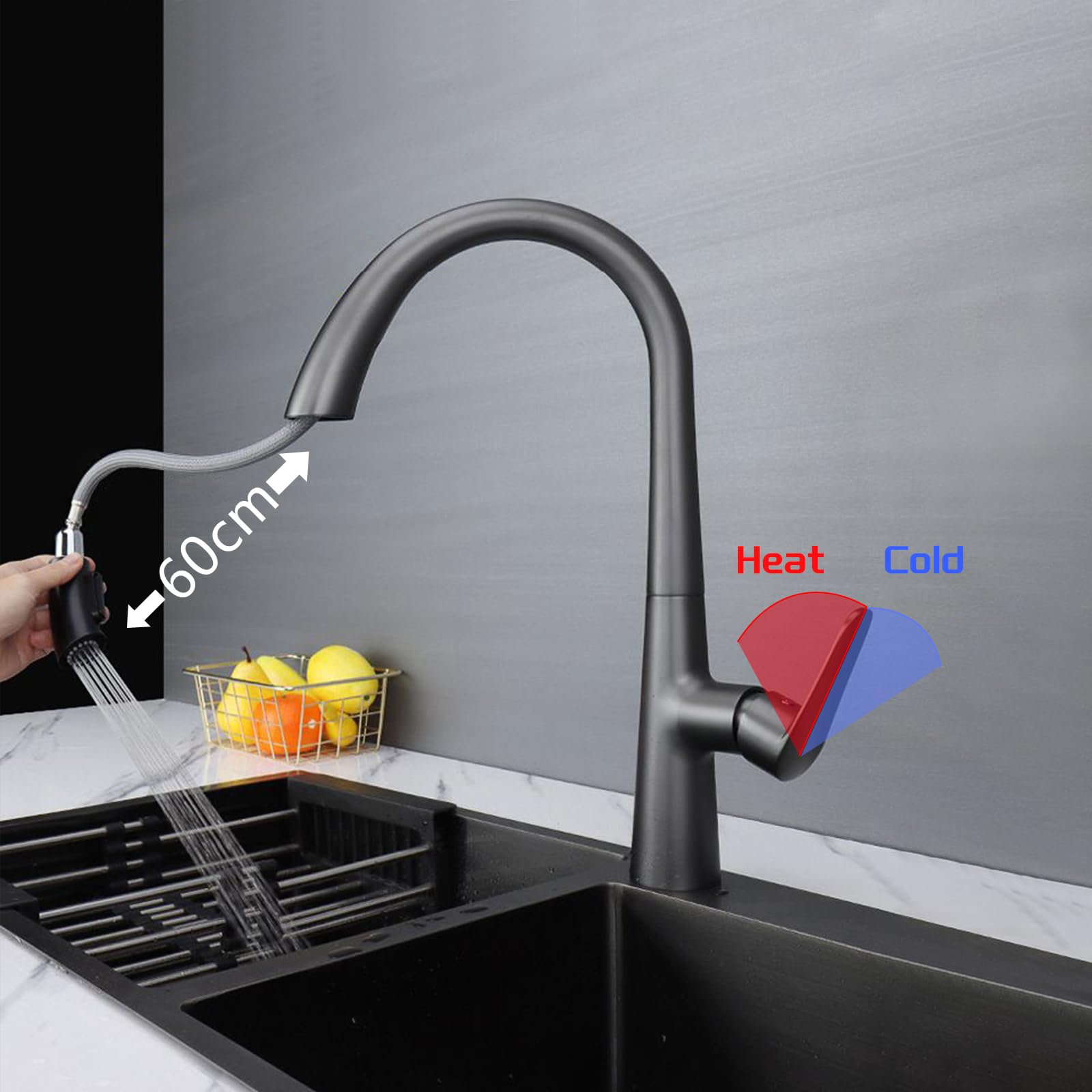 Mitigeur Cuisine Gris avec Douchette Extractible 360° - Robinet Évier Acier Inoxydable 2 Modes Pulvérisation - Mitigeur Modern Cuisine - 4
