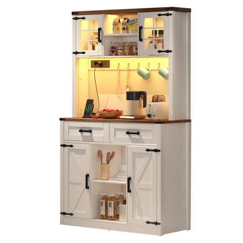 Mobile bar con illuminazione a led e prese di corrente,grande credenza da cucina con 2 grandi cassetti,design a porta di fienile,ripiani regolabili,ta