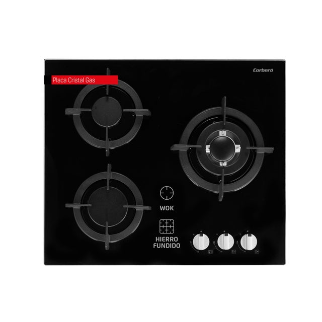 Corberó - Placa Cristal Gas Butano CPCGY2303N | 3 Fuegos, Wok, Sin Autoencendido, Desconexión Automática, Negro