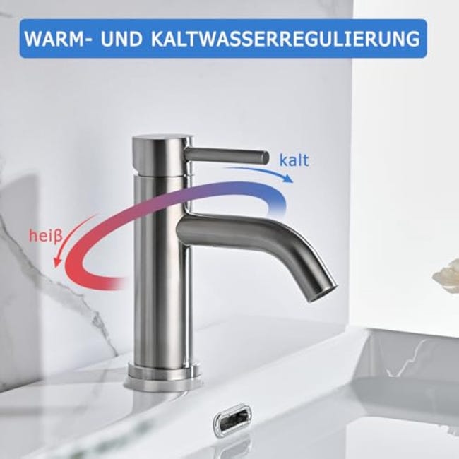 Rubinetto Monocomando Lavabo Bagno - In Acciaio Inox, Con Cartuccia Ceramica E Tubi Inclusi, Colore Argento - Foto 6