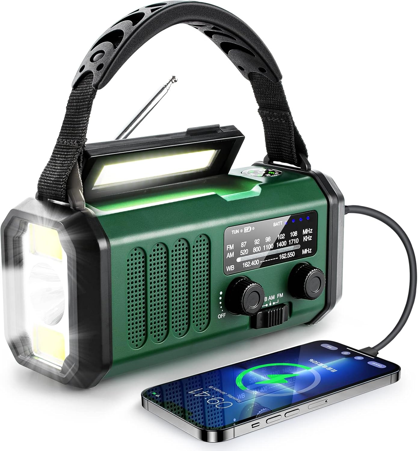 Awaryjne radio na korbkę 10000 mAh, radiostacja pogodowa NOAA z radiem AM/FM, akumulator, latarka i lampka do czytania, alarm SOS