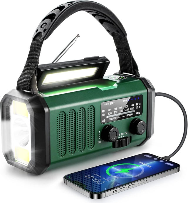 Rádio de manivela verde 10000mAh - Rádio de emergência solar - Rádio meteorológico NOAA/AM/FM - Luz de leitura LED, alarme SOS, bússola para camping