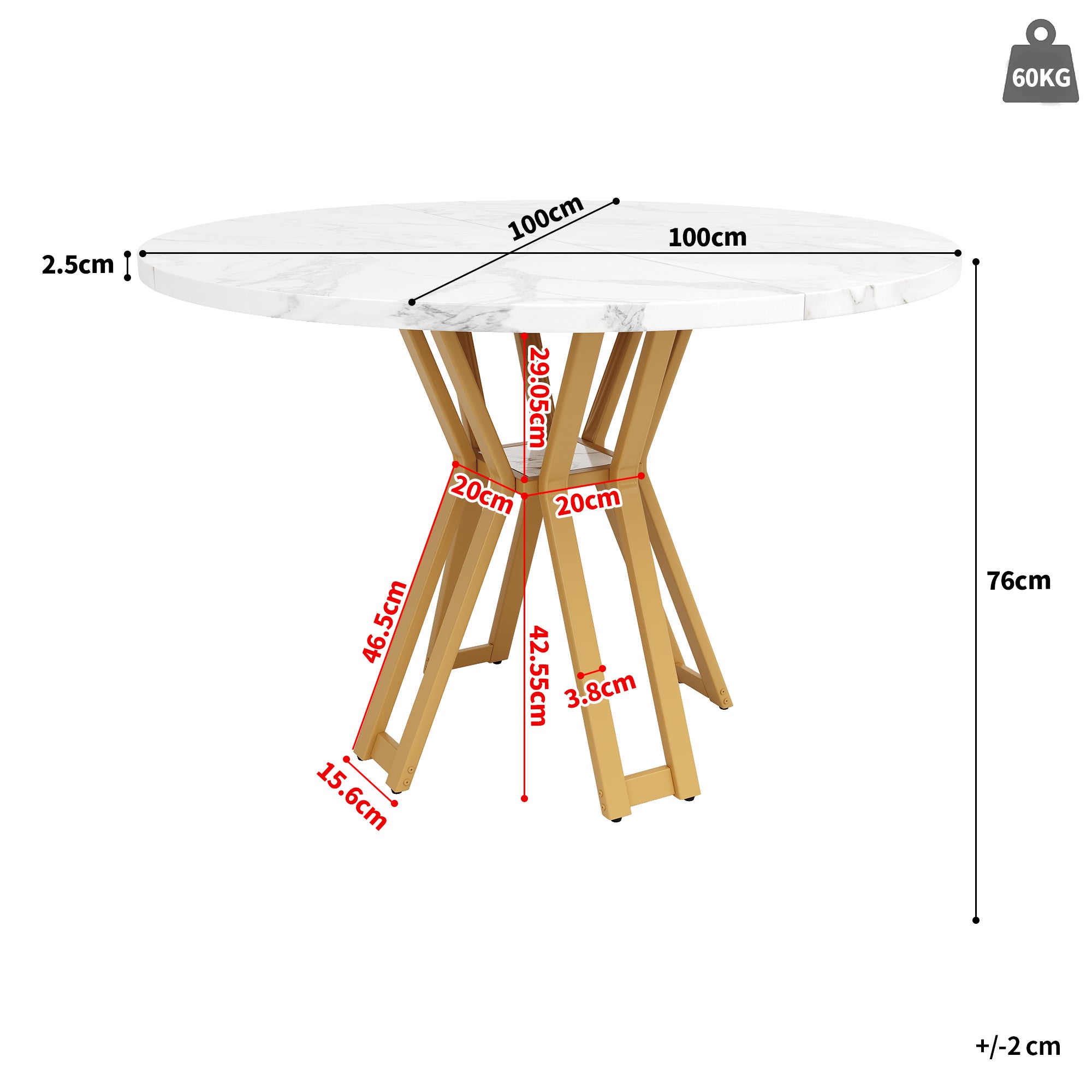Okrągły stół jadalny dla 4-6 osób - D 100 x W 76 cm - Blat z płyty MDF marmurkowy i nogi metalowe w kolorze złotym - Biały + złoty - 3