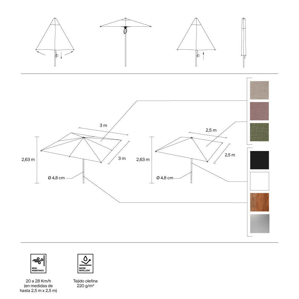 IASO Basics Arles – Parasol carré 2,5 x 2,5 m, toile couleur terre cuite, structure finition aluminium anodisé - 9