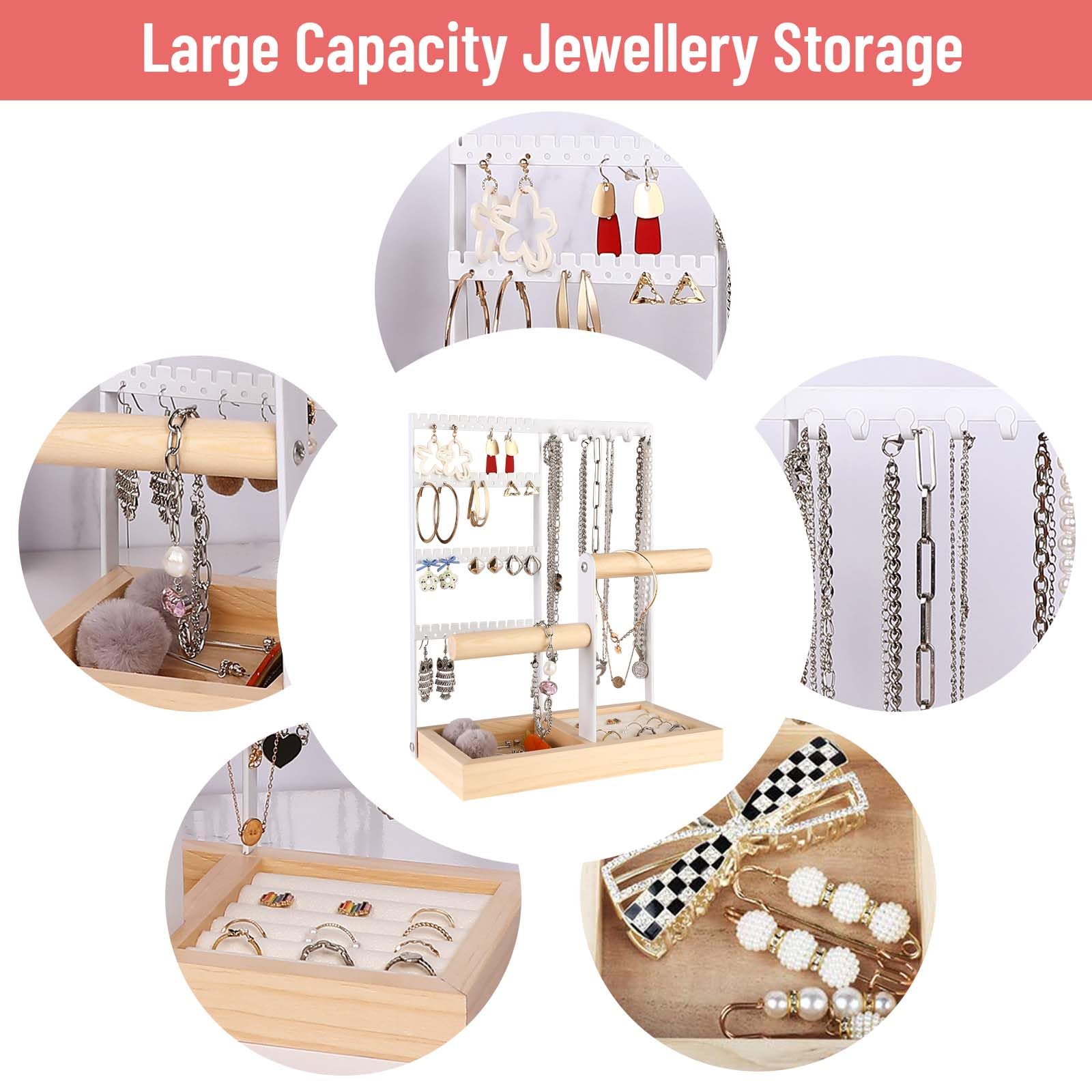 Présentoir à bijoux porte-chaîne en Metal et Bois Durable,4 niveaux, avec Plateau et Crochets,rangement pour bagues, boucles d'oreilles,bracelets - 2