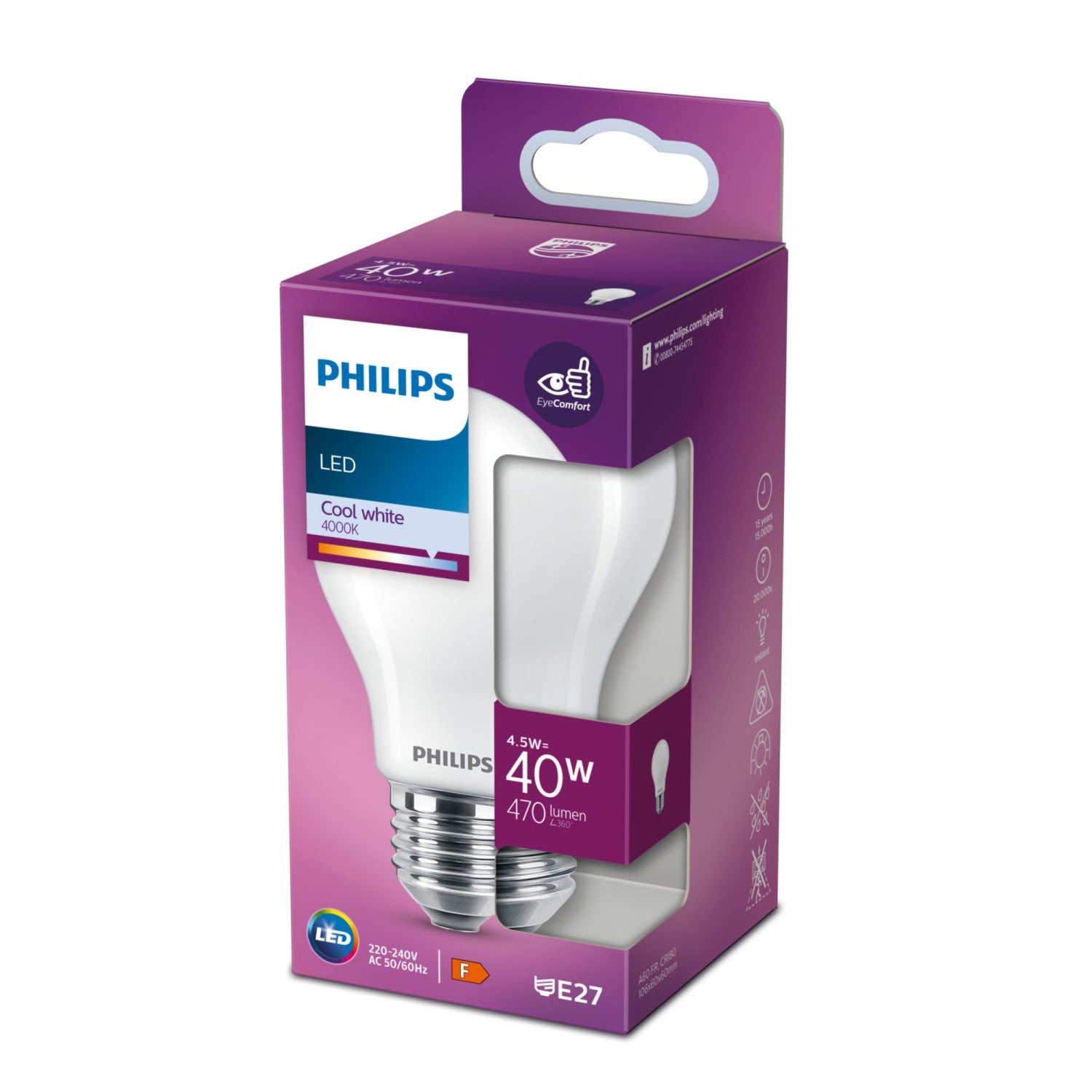 Lâmpada LED padrão PHILIPS Não regulável - Vidro fosco - E27 - 40W - Branco frio - 3