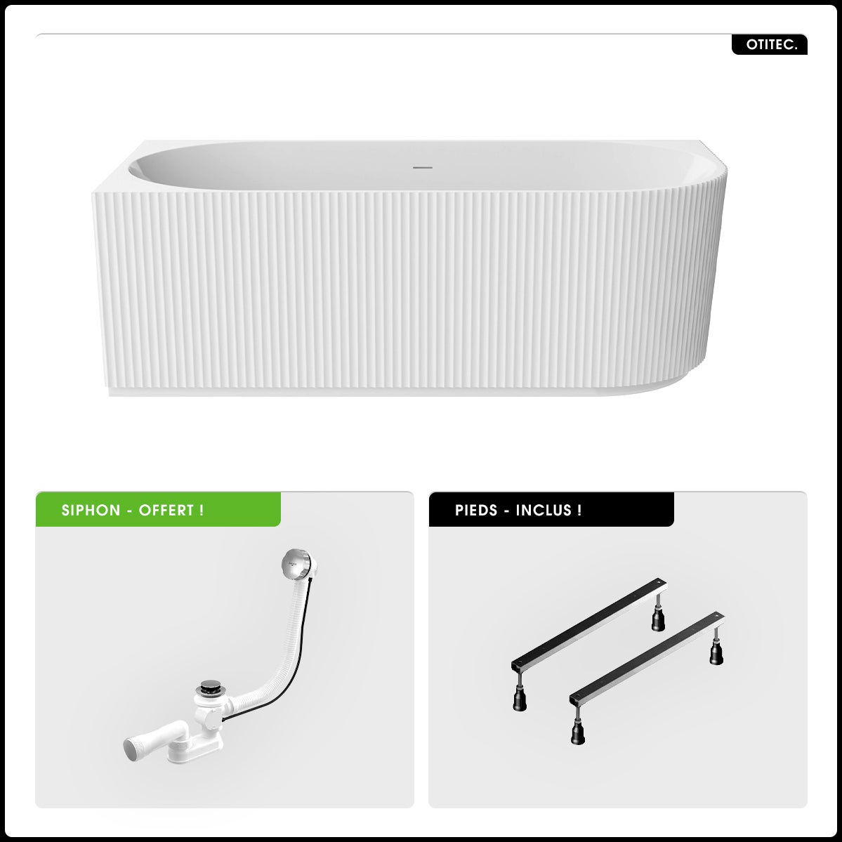 Bañera asimétrica - 150 x 75 cm - Izquierda - Con sifón Cromado - Pies - INCLUIDOS - DENAYA - 2