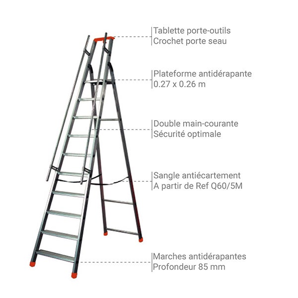 Escabeau grande hauteur 11 marches - Hauteur max. de travail 4.52m - Q60/11M - 6