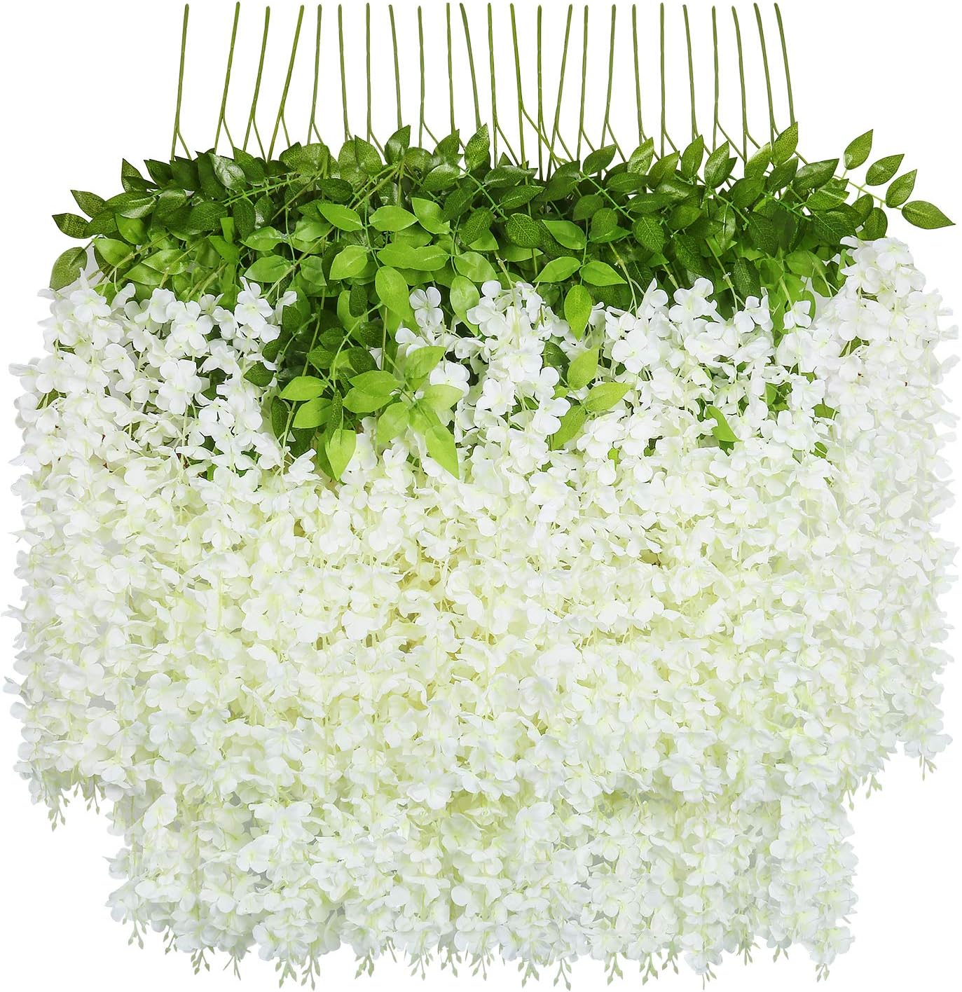 Sztuczne kwiaty, 24 sztuki sztucznej fałszywej glicynii, wiszące jedwabne kwiaty, dekoracja na przyjęcie (24 sztuki, 110 cm / każda gałązka, białe)