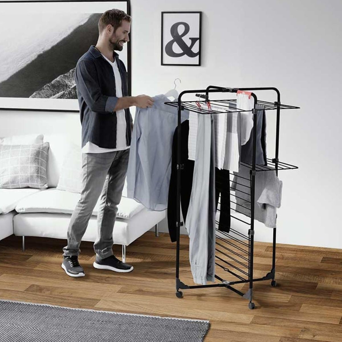 Étendoir à linge Intérieur 3 étages Séchoir à linge Pliable sur roulettes Tancarville Noir 93 x 71 x 131 cm VILEDA - 2