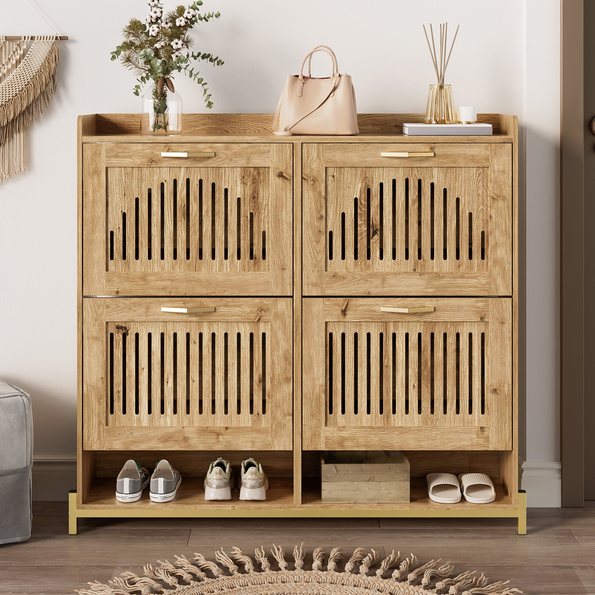 Szafa na buty 108.5x24x100 cm - 4 fronty - Konstrukcja metalowa - Górna półka - MDF - Kolor naturalny - 3