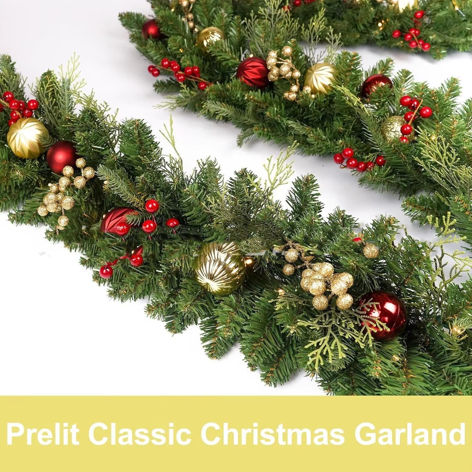 Ghirlande natalizie da 1,8 m con bacche rosse, palline di Natale artificiali in rattan, decorazioni per albero di Natale, scale, porte, Capodanno - 4