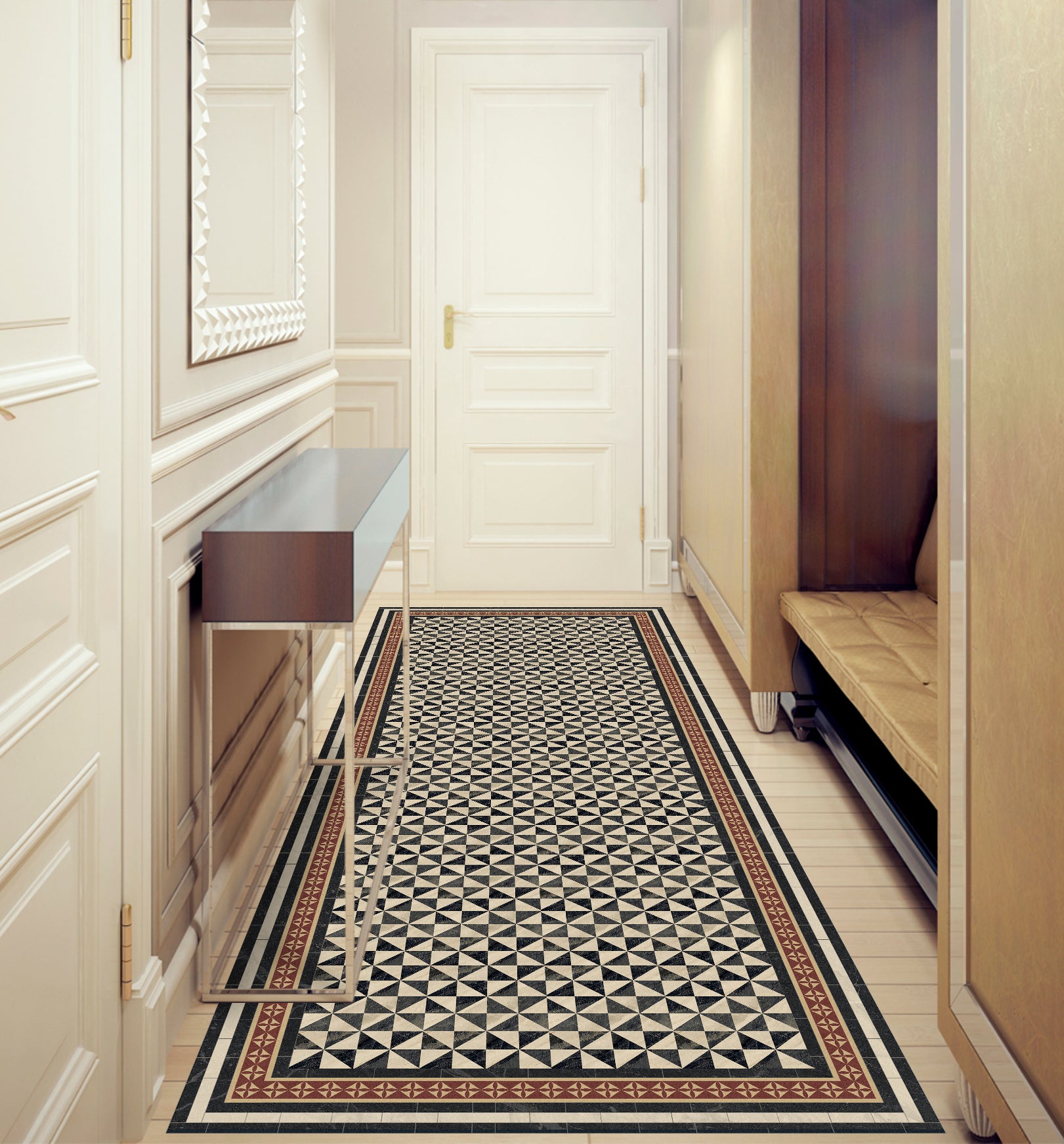 Tapis antidérapant en vinyle Damero Omar 66x250 cm - PVC imprimé, lavable, ignifuge, pour le salon ou la cuisine, style hydraulique - 3