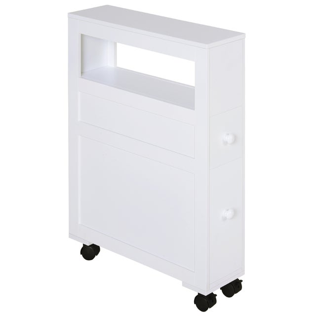 Meuble de rangement de salle de bain - HOMCOM - sur roulette - avec étagère ouverte et 2 tiroirs - 16 x 52 x 71,5 cm - blanc