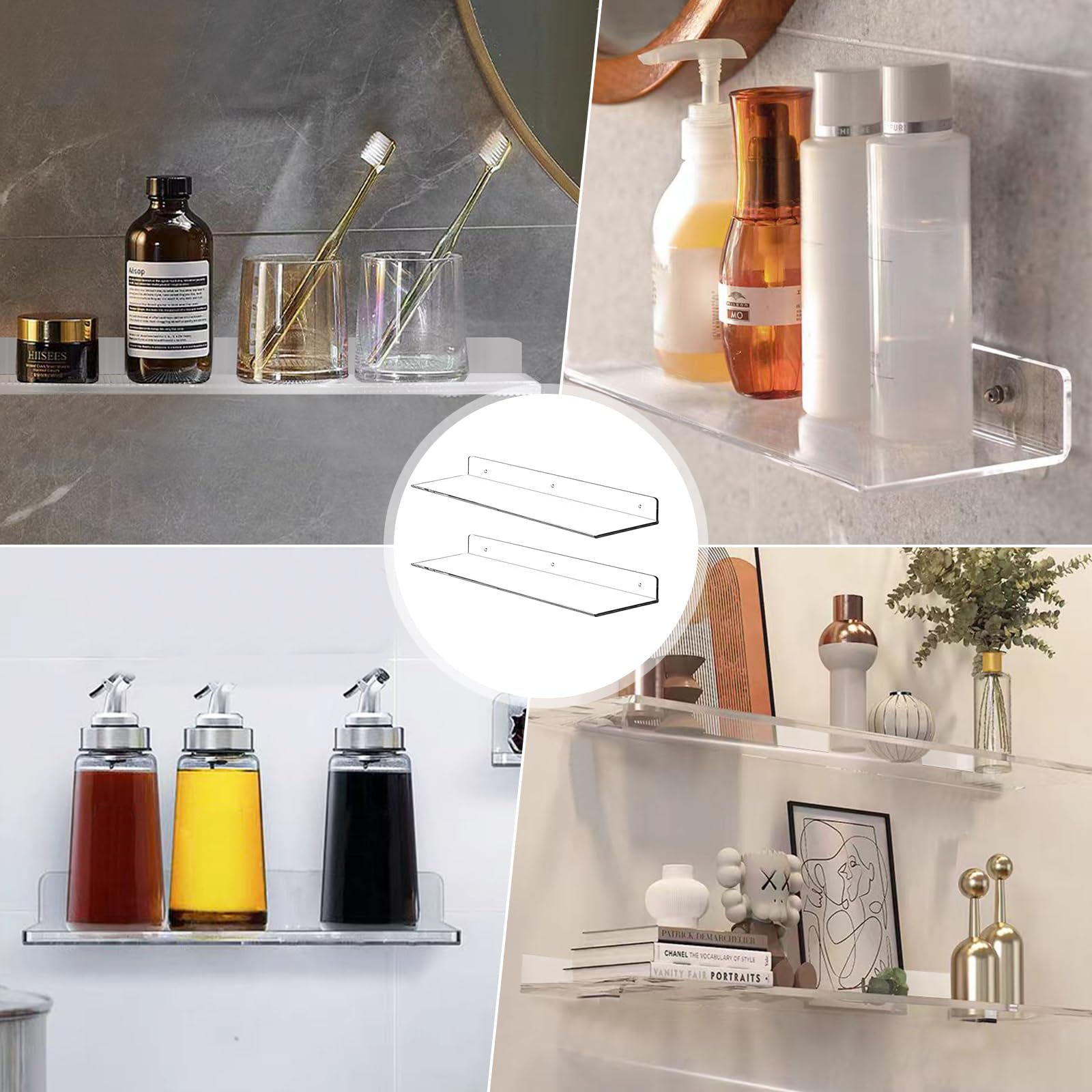 Lot de 2 Étagères Murale sans Percer, Etagere Adhesive Transparente en Acrylique, Etagere Murale sans Vis, Trou psansour Salle de Bain, Cuisine - 7