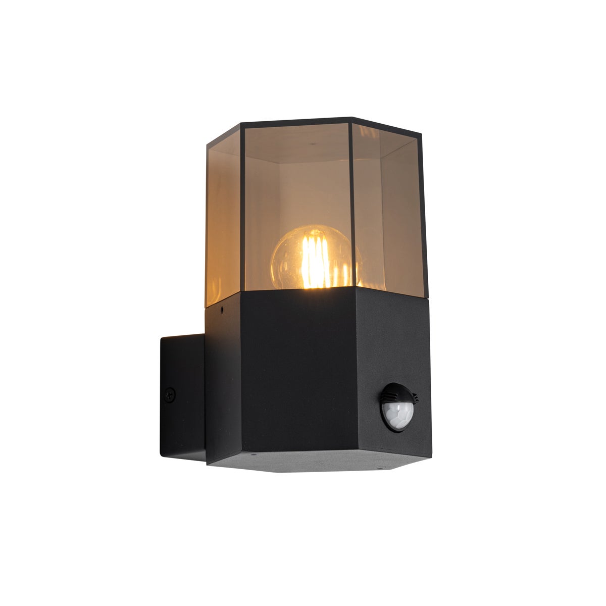Lampa ścienna zewnętrzna czarna z przydymionym szkłem sześciokątnym i czujnikiem ruchu - Denmark