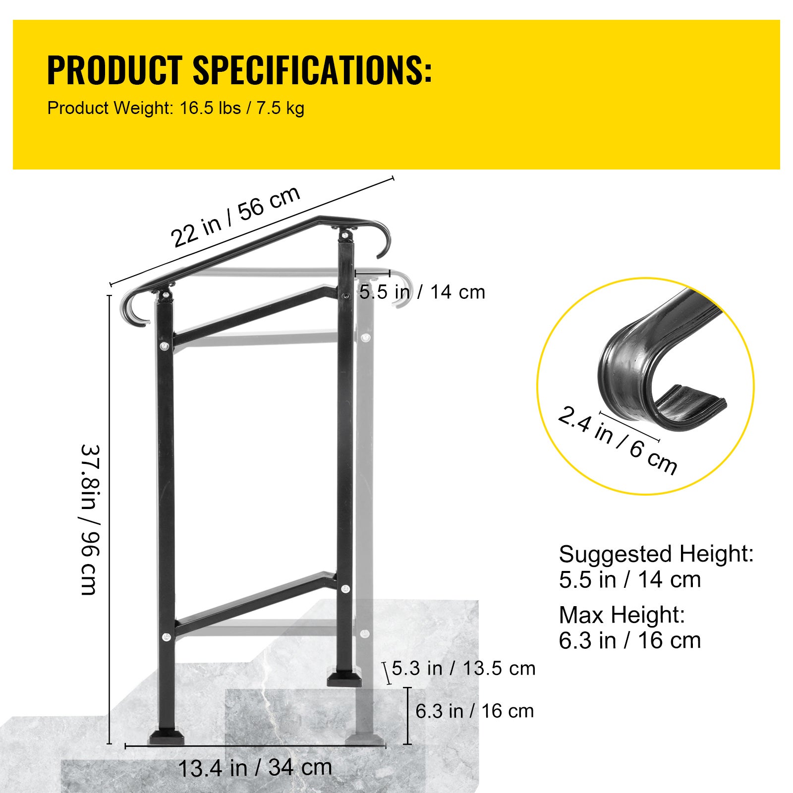 Main courante fer forgé,rampe réglable SucceBuy 1-2 marches,main courante noire pour véranda,kit d'installation pour escaliers béton ou bois. - 9