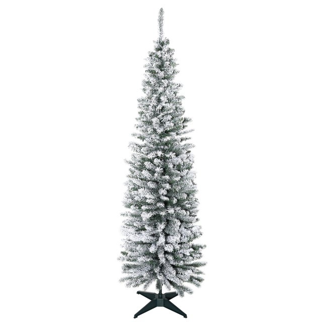 Albero di Natale artificiale, 210 cm, rami in PVC innevati, pieghevole, supporto in metallo, verde e bianco