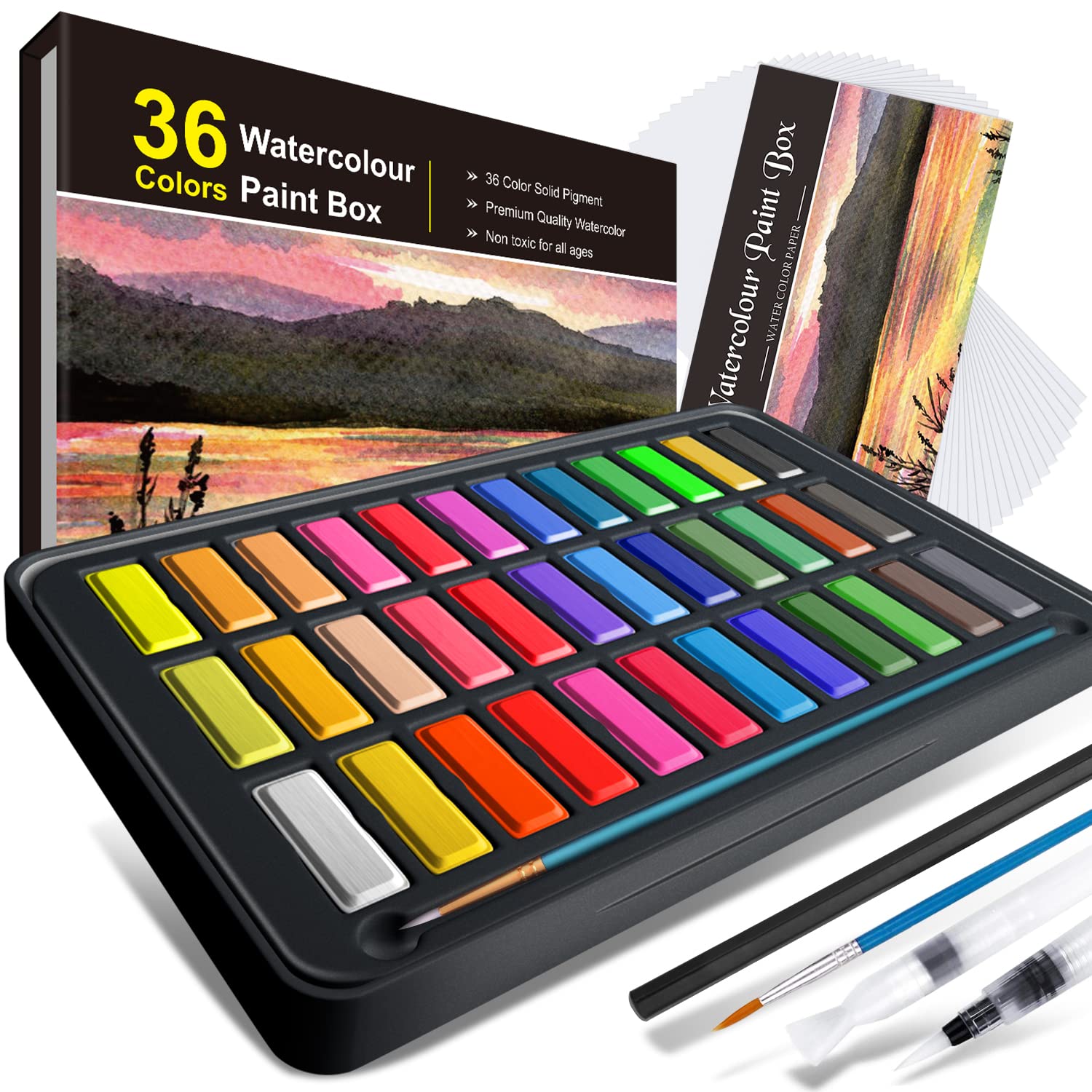 RATEL Acquerello Set Set pittura ad acquerello tra cui 36 colori Solido pigmento + 2 pennini a gancio + 2 pennelli per serbatoio d'acqua + 10 carte pe | Leroy Merlin