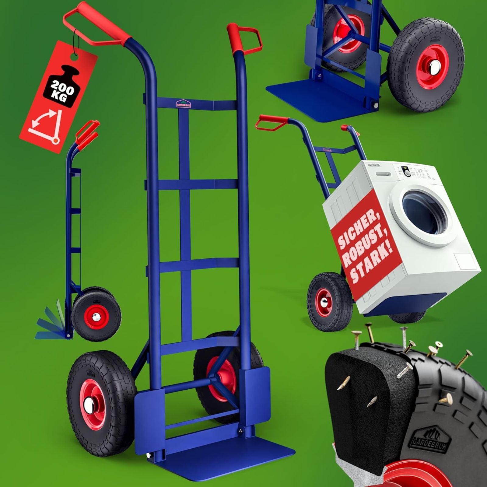 DASCK - Carretilha Dobrável com Rodas Pneumáticas, Plataforma Reforçada, Carga Máxima 200 kg, Azul, Pegas Ergonômicas - 4