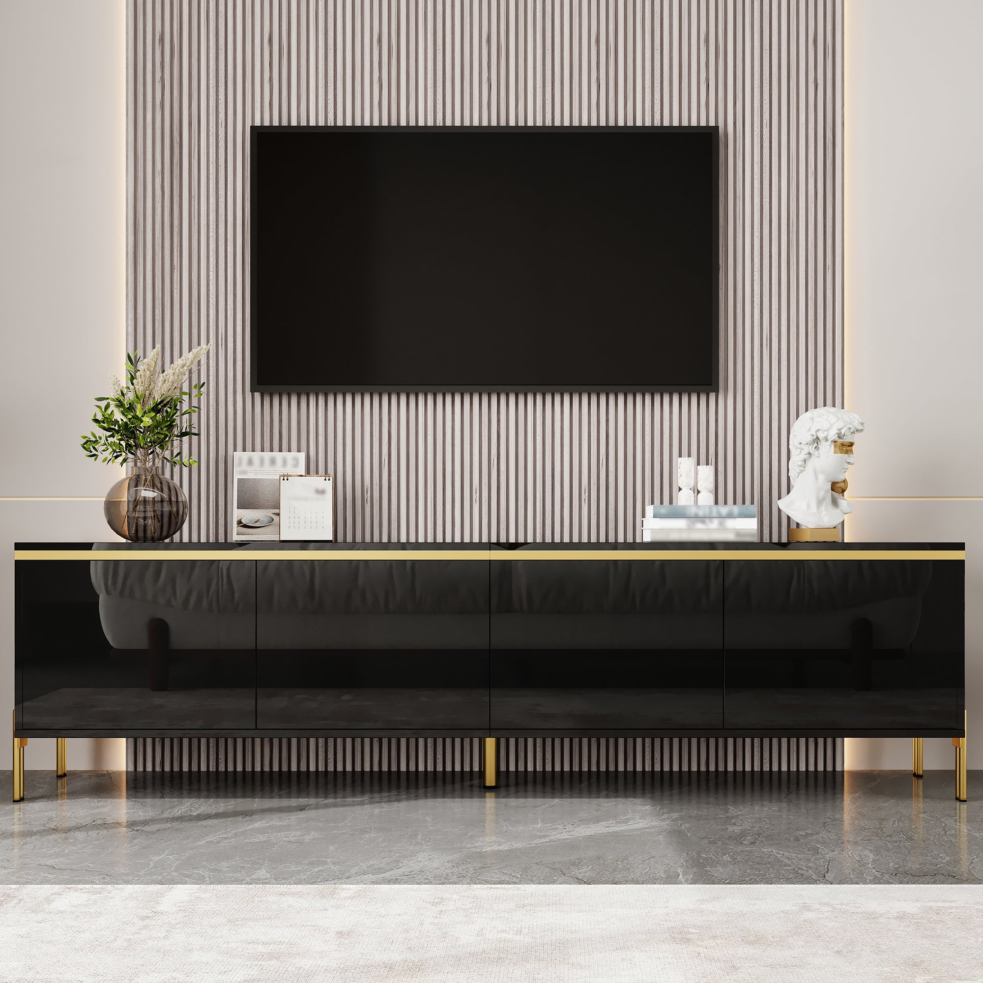 Nowoczesna szafka RTV z 4 drzwiami - 170 x 38 x 50 cm - Płyta wiórowa i złote metalowe nogi - Lakier błyszczący czarny