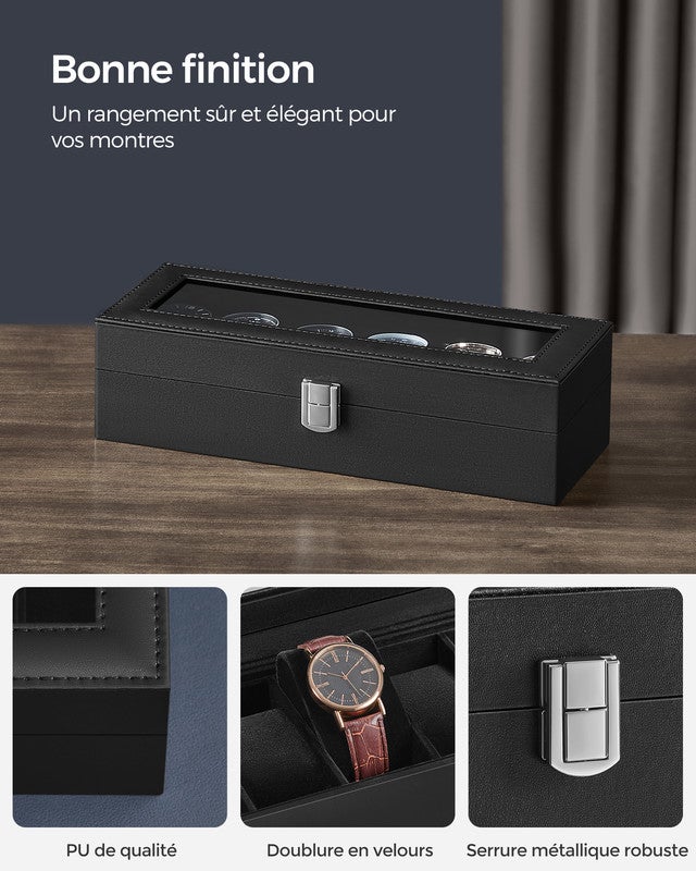Boîte à Montres à 6 Emplacements, Écrin, Couvercle en Verre, Coussinets Amovibles, Serrure en Métal, Revêtement en Noir et Doublure en Noir - 3