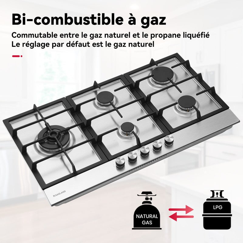 GASLAND Plaque de Cuisson à gaz GH2905SS1FC encastrable 5 Feux, Plaque gaz Inox 90 cm Brûleur Wok - 4