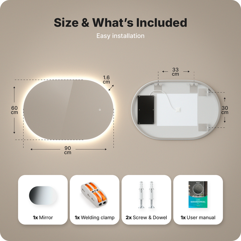 Miroir de salle de bain Mirlux avec éclairage LED et chauffage - Miroir mural ovale - Miroir de douche anti-condensation - 90 x 60 cm - 7