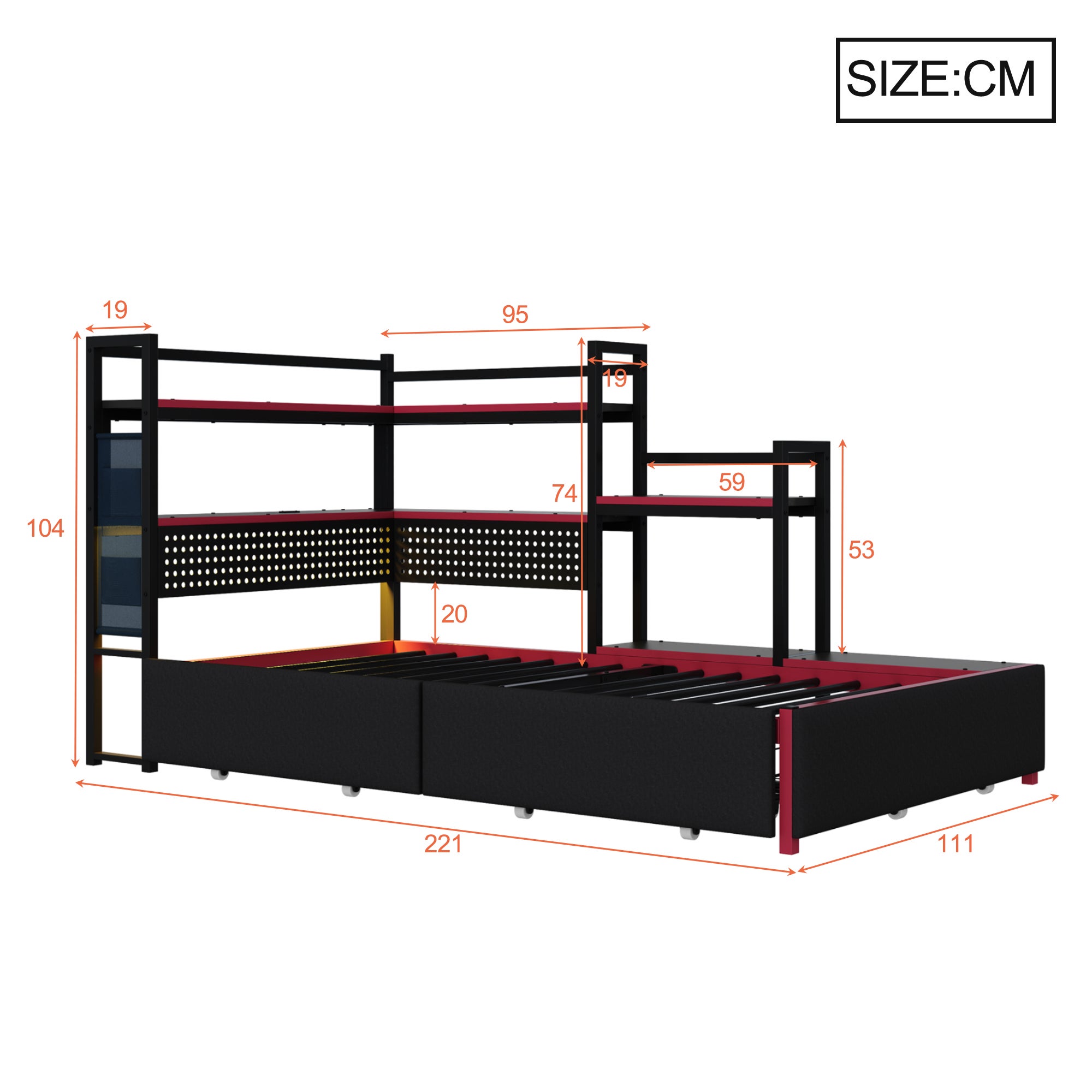 Łóżko 90 x 200 cm z 3 szufladami i półkami - Oświetlenie LED i porty USB - Metalowe - Czarne (Materac nie jest w zestawie) - 6