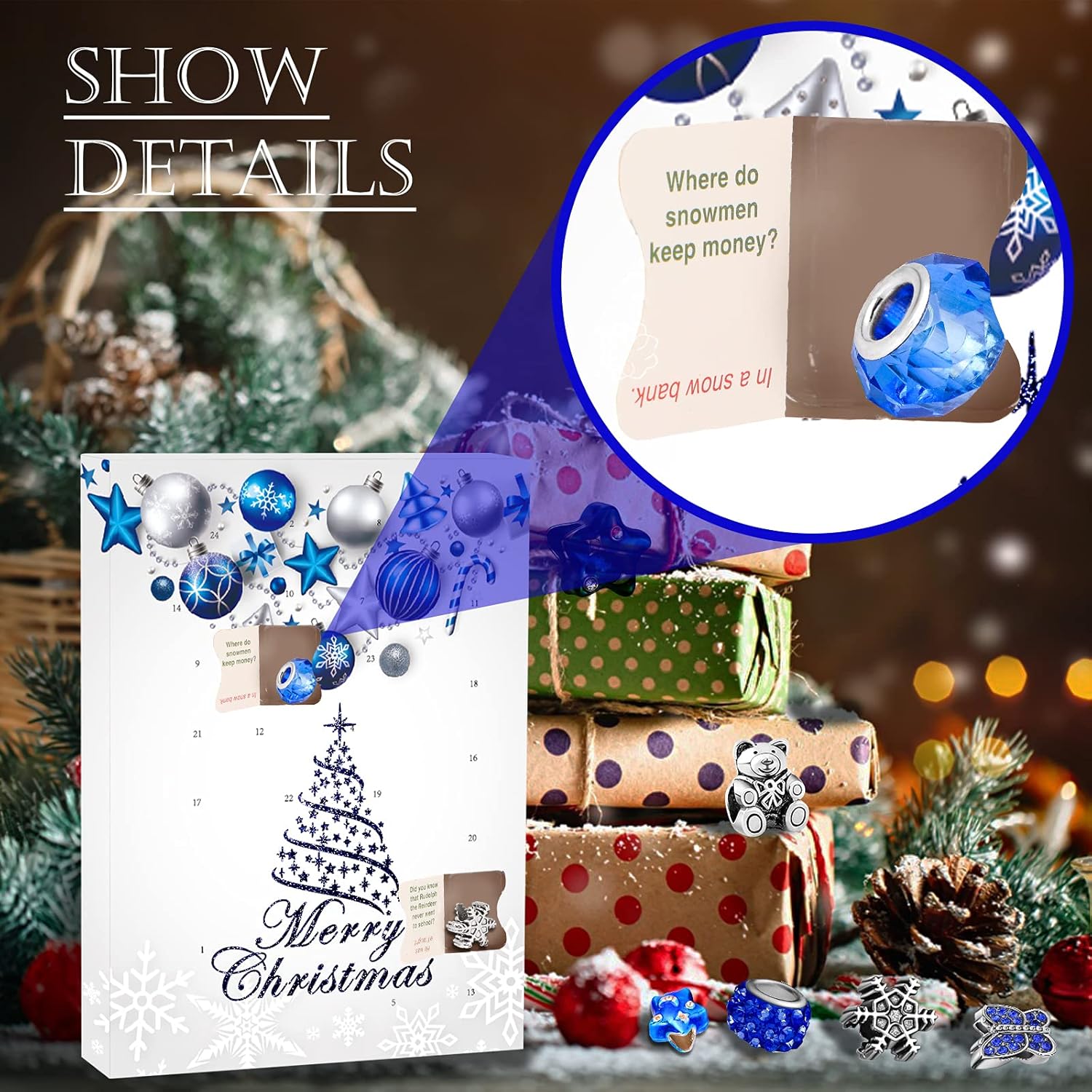 Coffret de bijoux bleus pour femme, compte à rebours de Noël 2025 - Comprend un pendentif flocon de neige bleu en métal - 3