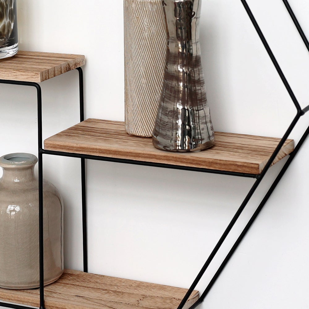 Etagère murale en métal noir - 3 planches en bois - Hexagonal - 48x55x10 cm - 2