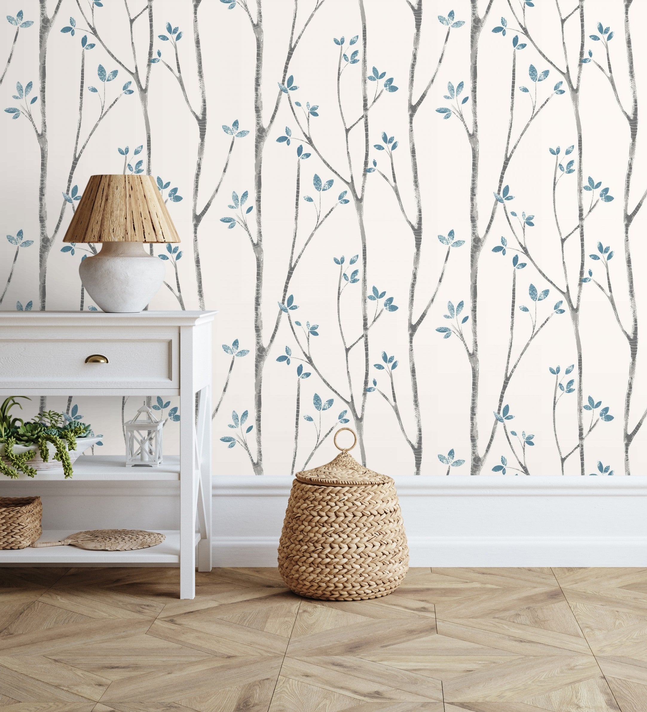 Papel pintado de ramas de árboles nórdicos con hojas azules - benson forest 680946 de gaulan - rollo de 10 m x 0,53 m