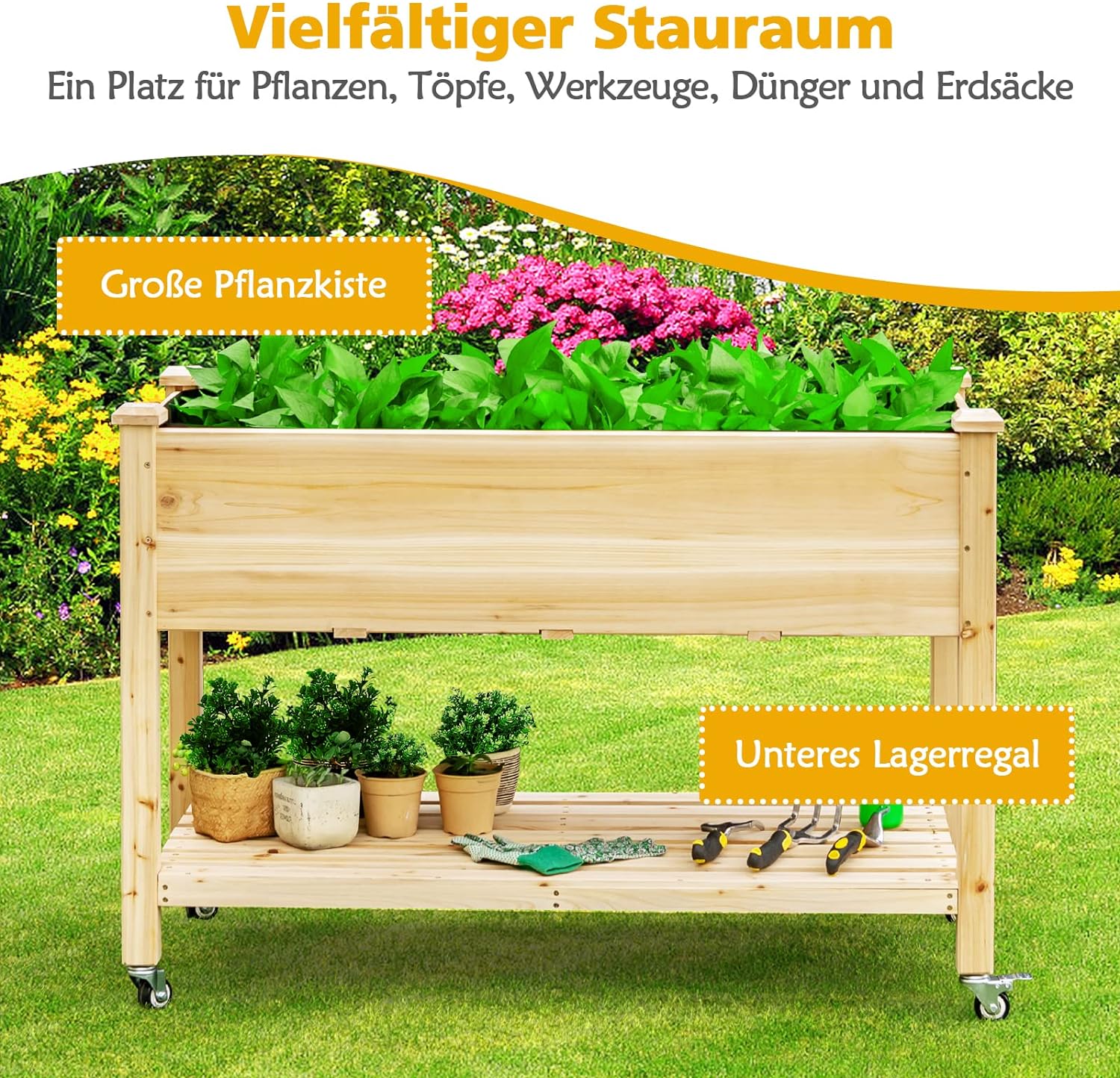 Lit Surélevé avec Roulettes, Lit de Jardin en Bois de Sapin avec étagère & Trous D'écoulement,Naturel, 120 X 59 X 84 cm - 8