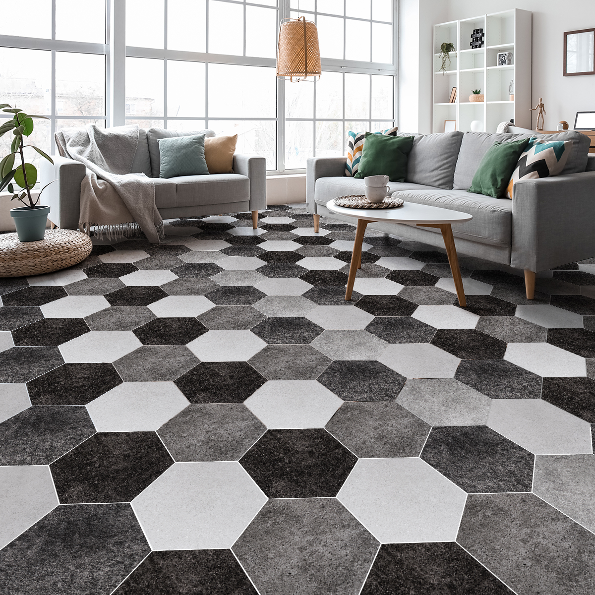 Vinilo baldosas suelo hexagons sombras de gris antideslizante - adhesivo pared - sticker revestimiento - 1 adhesivo 40x90cm-10stickershexagones20x18cm