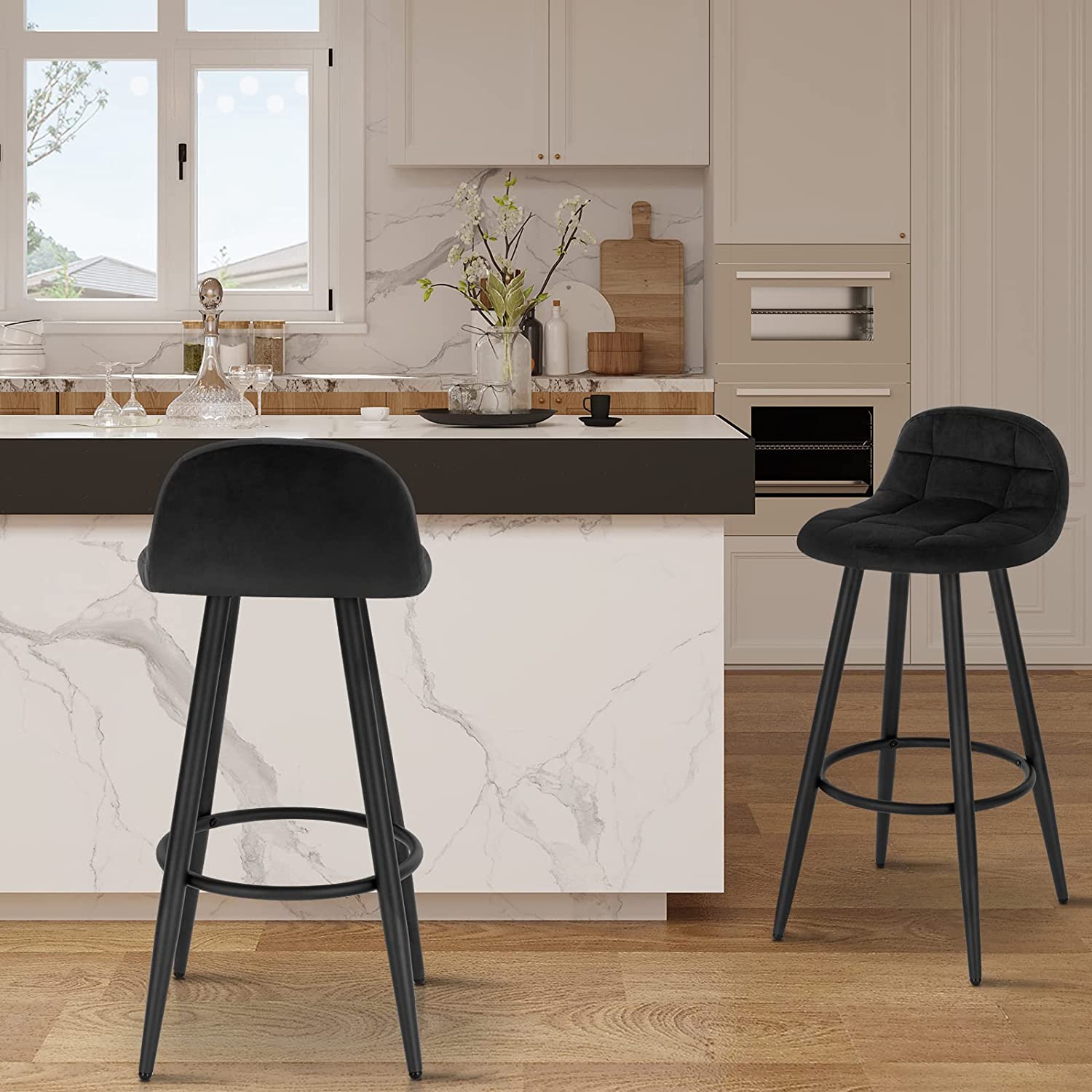 Lot de 2 Tabourets de Bar Modernes WOLTU, Chaise de Cuisine Haute en Velours et Métal, Hauteur d'Assise 70cm, Noir - 3