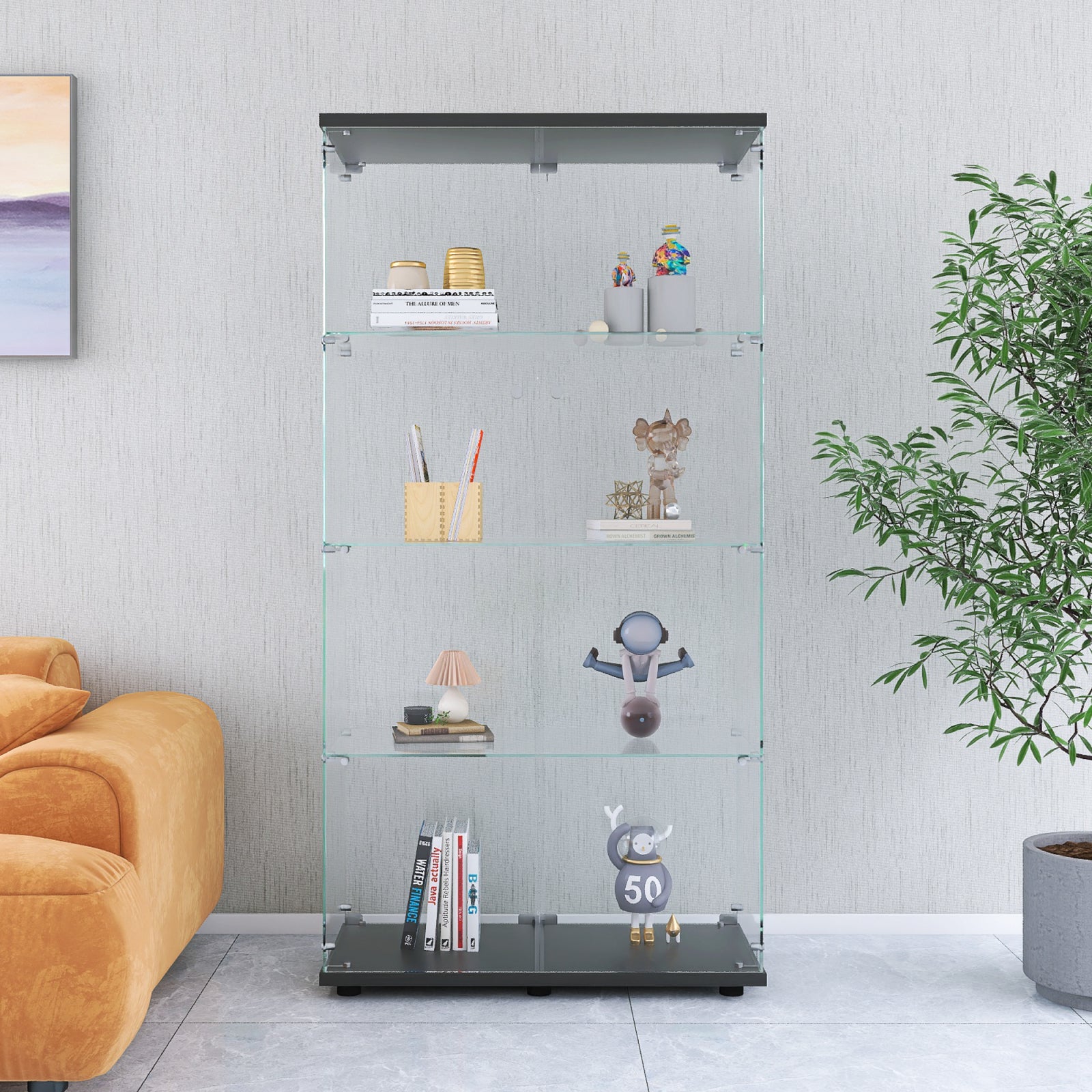 Vitrina de cristal con 4 estantes, 2 puertas y cerradura, 164 x 80 x 36 ...