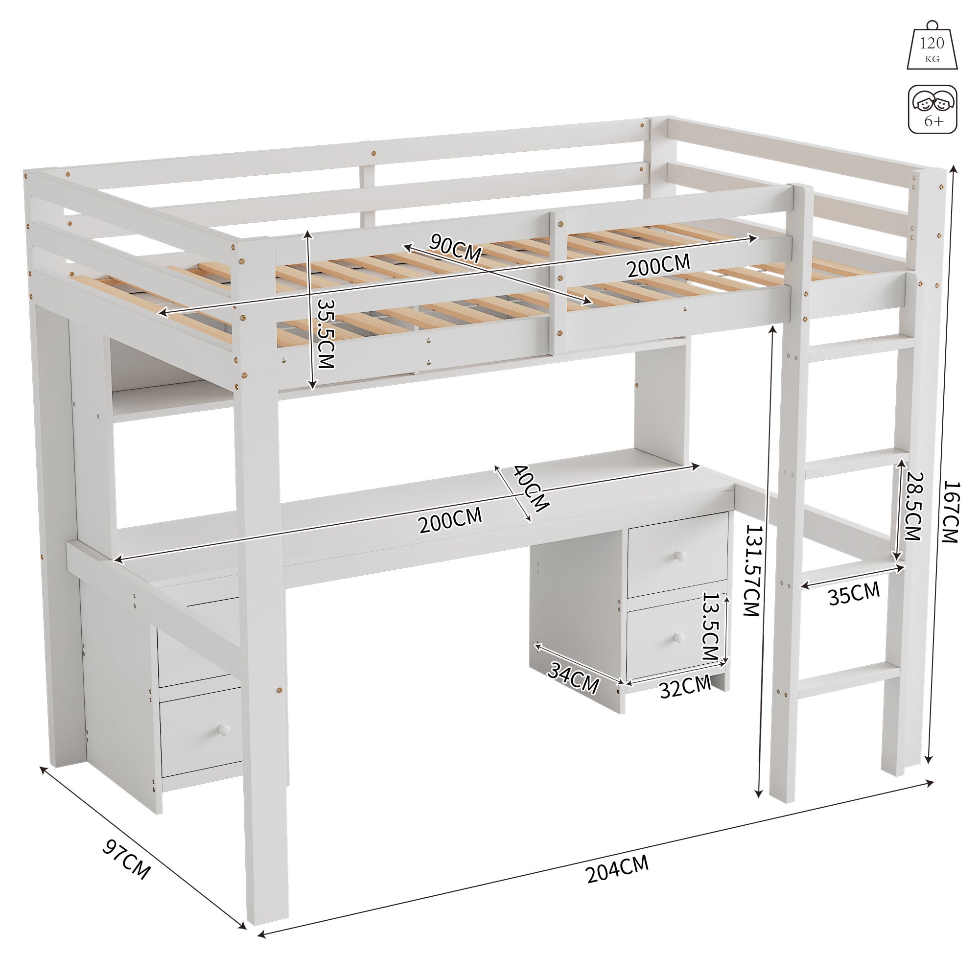 Lit mezzanine 90 x 200 cm avec table, Lit Superposé en bois avec grand espace de rangement, lit en pin avec rampe haute, blanc (sans matelas) - 4