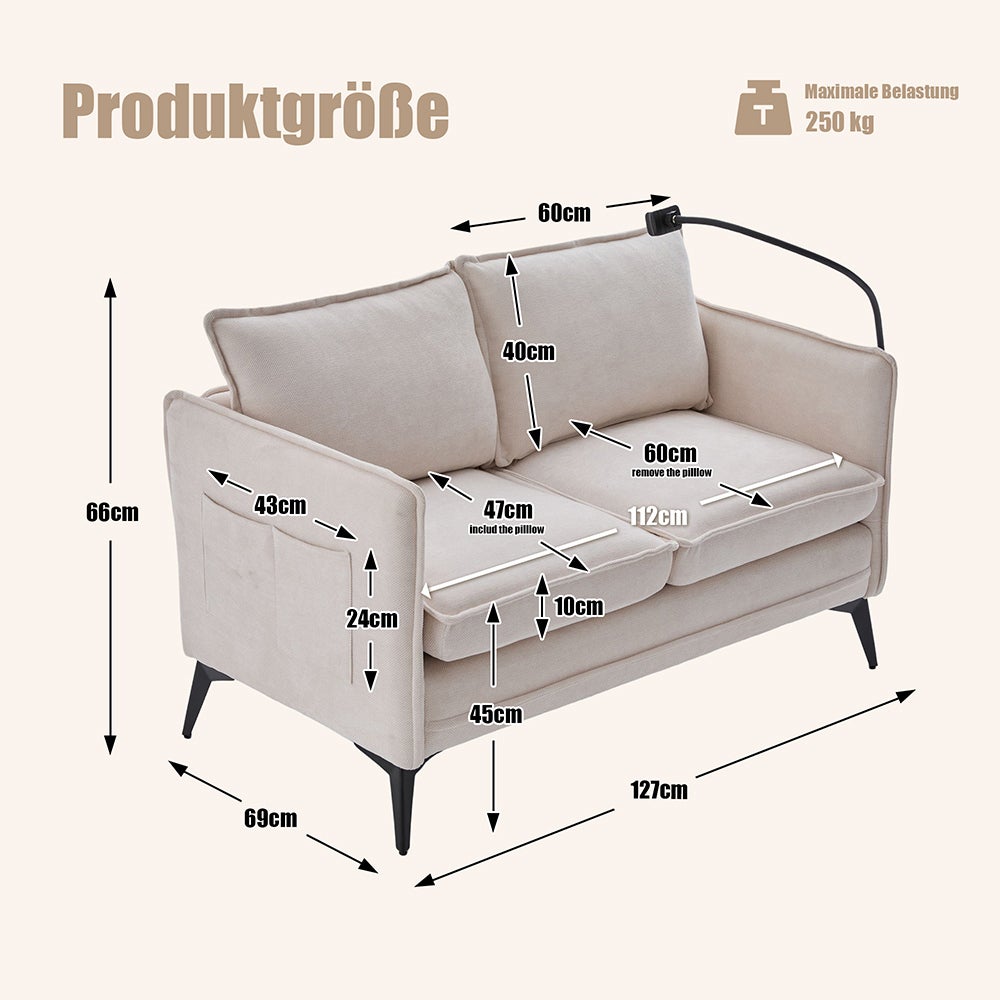 Canapé Double Moderne Petit Canapé Tissu avec Rangement Poche Latérale + Support Téléphone Portable Réglable - 7