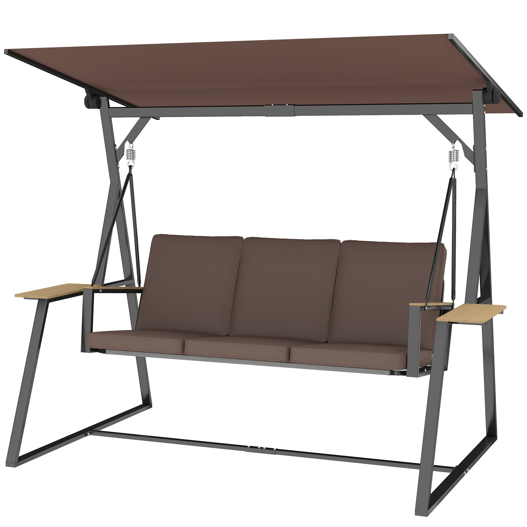 Balancelle de jardin 3 places en métal avec auvent réglable, coussins rembourrés, 360 kg, 222x131x175 cm, marron - 2