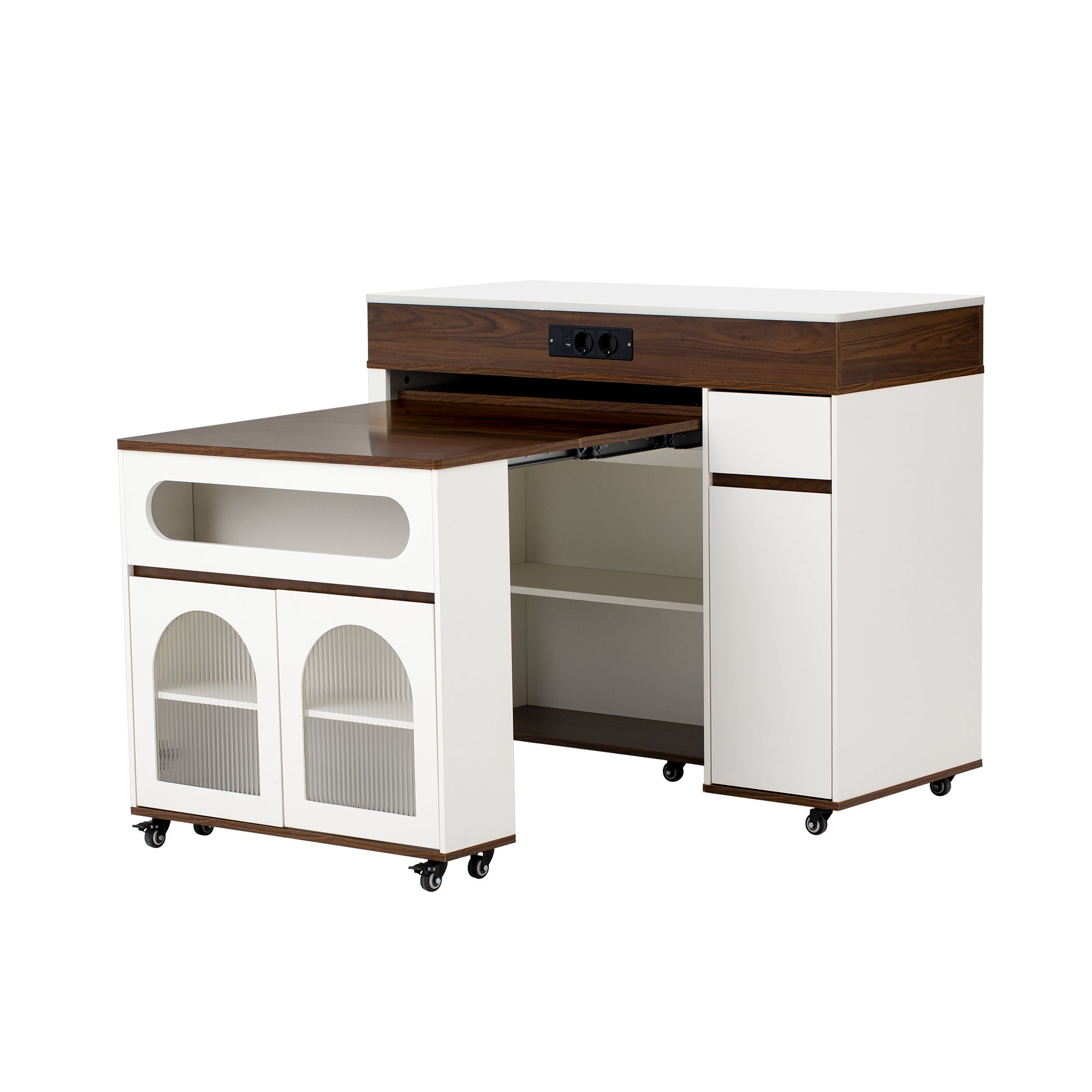 Îlot de cuisine mobile avec porte vitrée,Table de salle à manger extensible avec prise électrique et 1 tiroir,Blanc+Noyer,50.5-187.5×110.5×95.5cm - 6