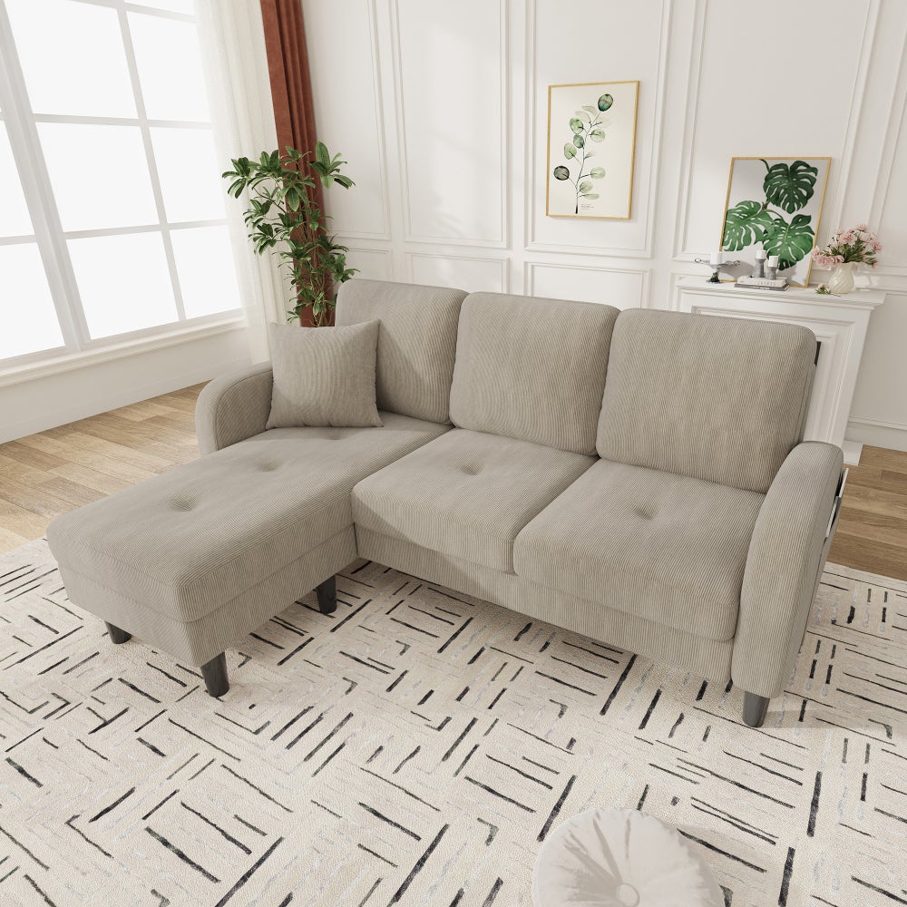 Sofa narożna, w kształcie litery L, 166x118cm, 3-osobowa, sztruksowa, modułowa, z szezlongiem
