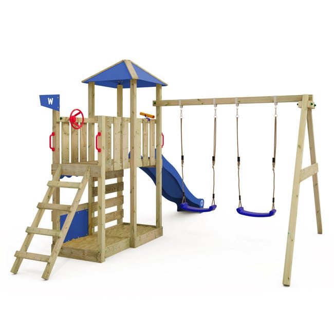 WICKEY Aire de Jeux Smart Savana portique en Bois avec balançoire et Toboggan Rouge, Tour d'escalade pour Enfants avec bac à Sable, échelle et Accessoires de Jeu pour Le Jardin WICKEY Aire de Jeux Smart Savana portique en Bois avec balançoire et Toboggan Rouge, Tour d'escalade pour Enfants avec bac à Sable, échelle et Accessoires de Jeu pour Le Jardin
